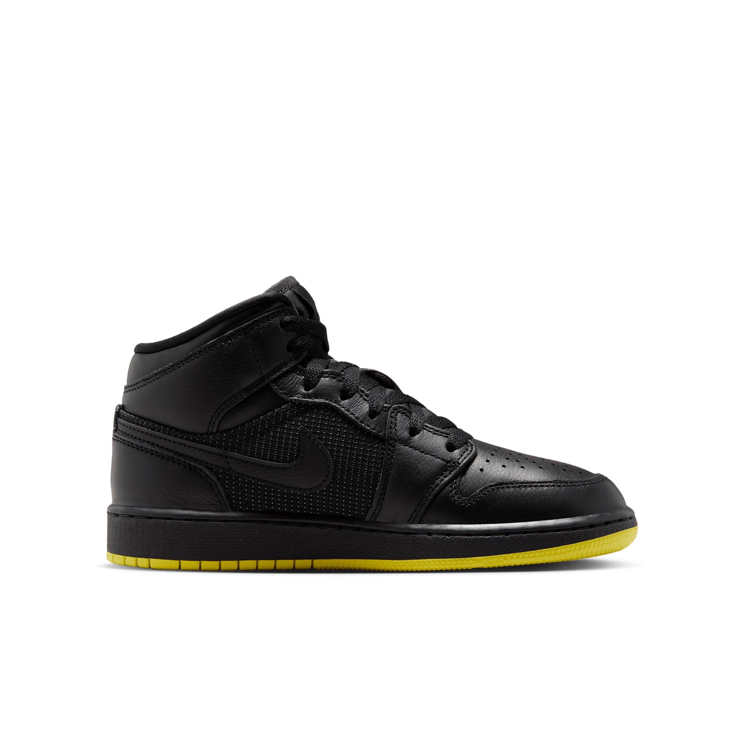 Jordan 1 Mid SE "Black/Opti Yellow/Silver" Grade School Boys' Shoe - BLACK/YELLOW/SILVER